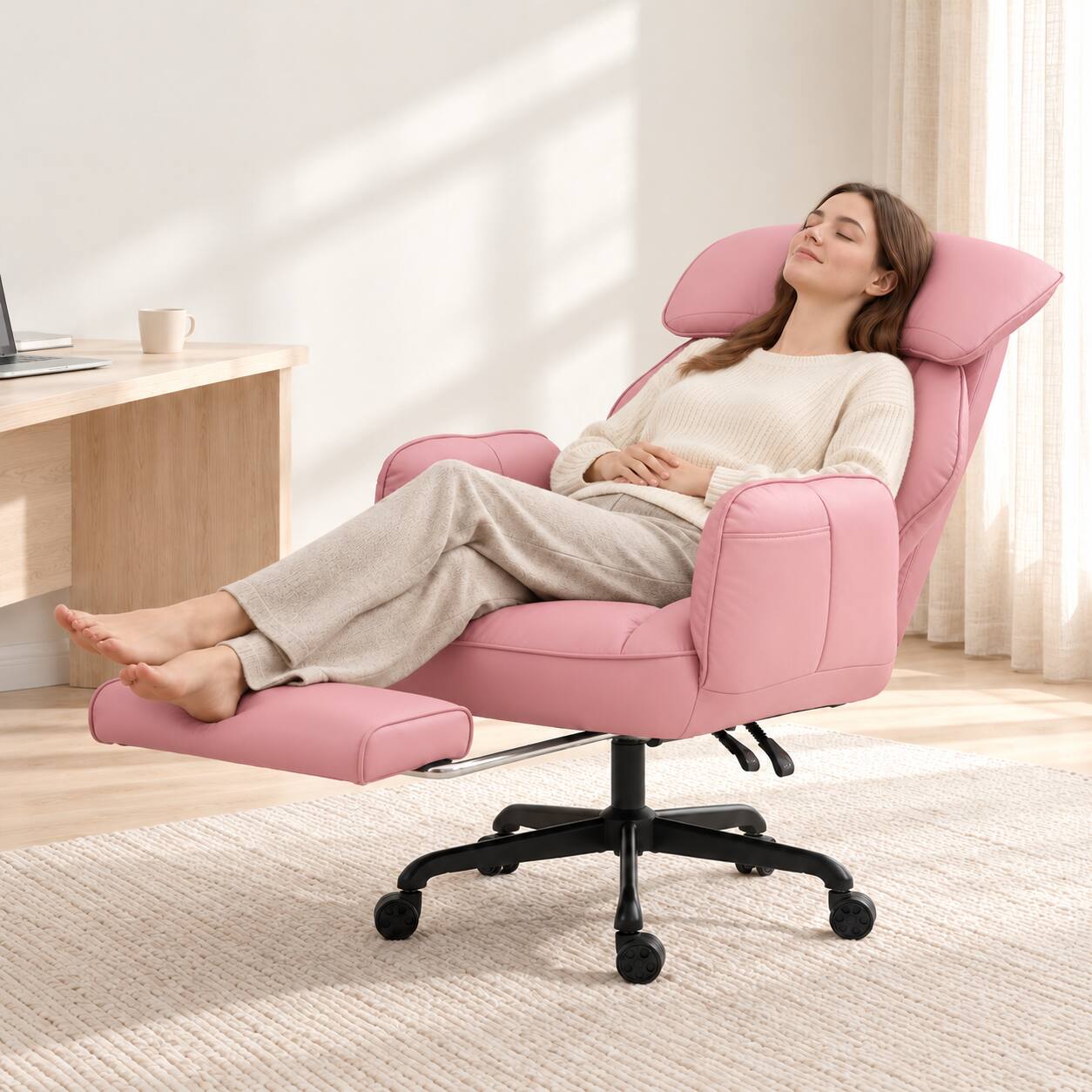 Angle. Dowinx - Cross-Legged Office Chair & Gaming Chair with 180° Pivoting Arms, Footrest & Reclining Backrest - Pink.