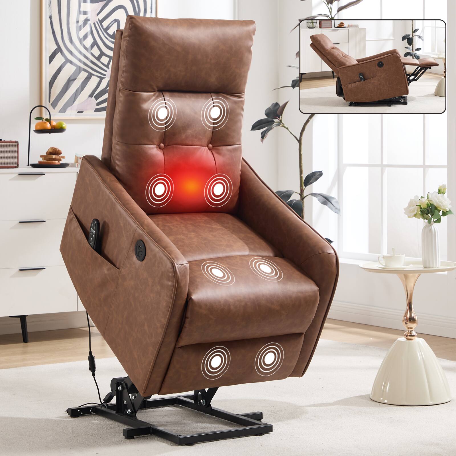 Angle. LUCKY ONE - Faux Leather Single Motor Power Lift Recliner Chair with Massage, Heat & USB Charging - Yellow Brown.