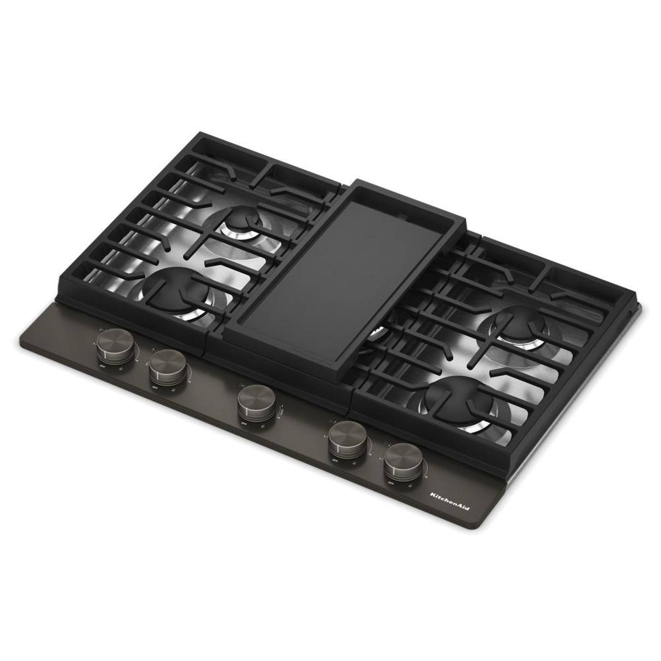 Left. KitchenAid - 30 in. Wide 5 burners Gas Cooktop with Integrated Wok Grate - Black Ore.