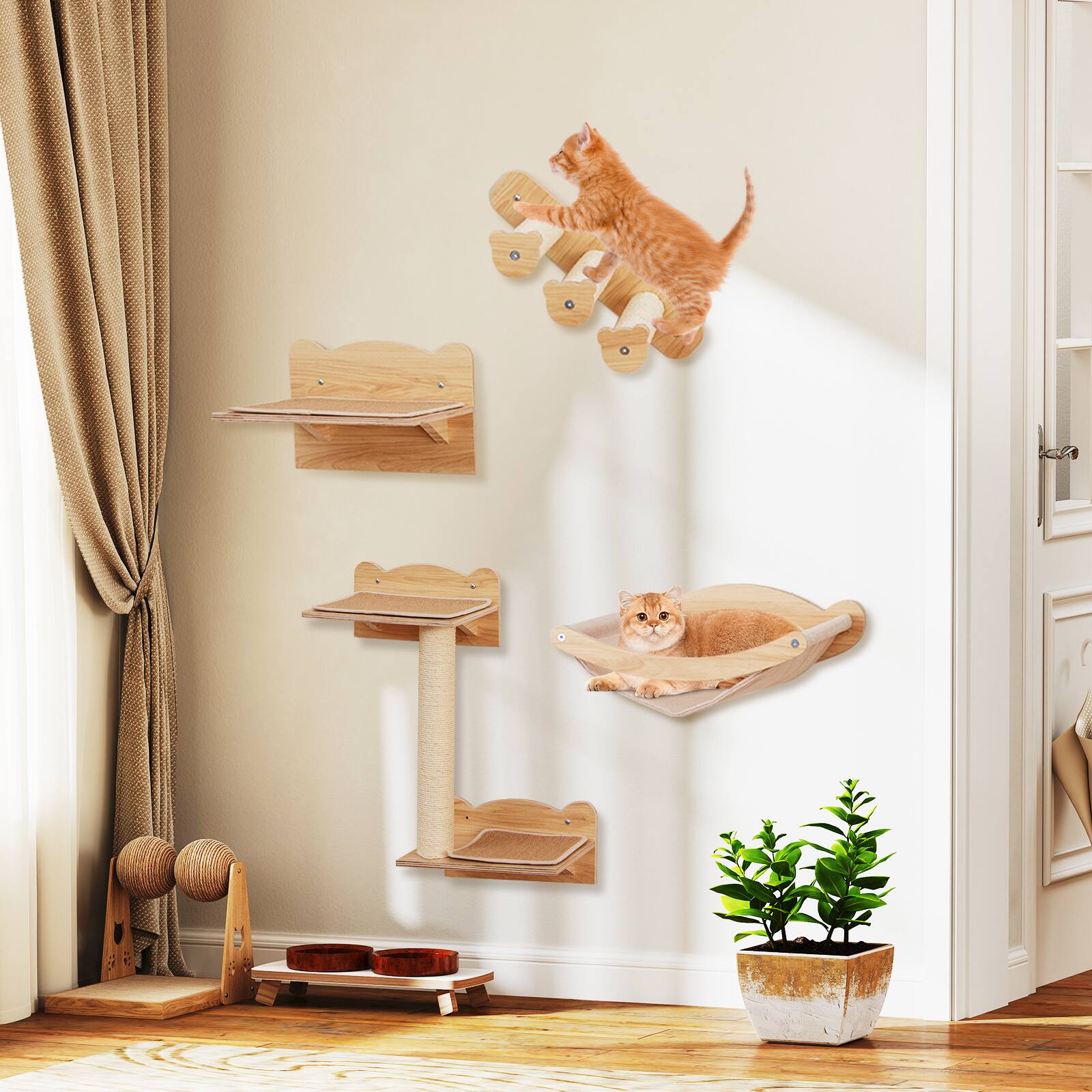 Alt View 4. Gymax - Gymax Cat Wall Shelves w/ Hammock 2-step Cat Tree Perch Non-slip Carpet Mat for Indoor - Natural.