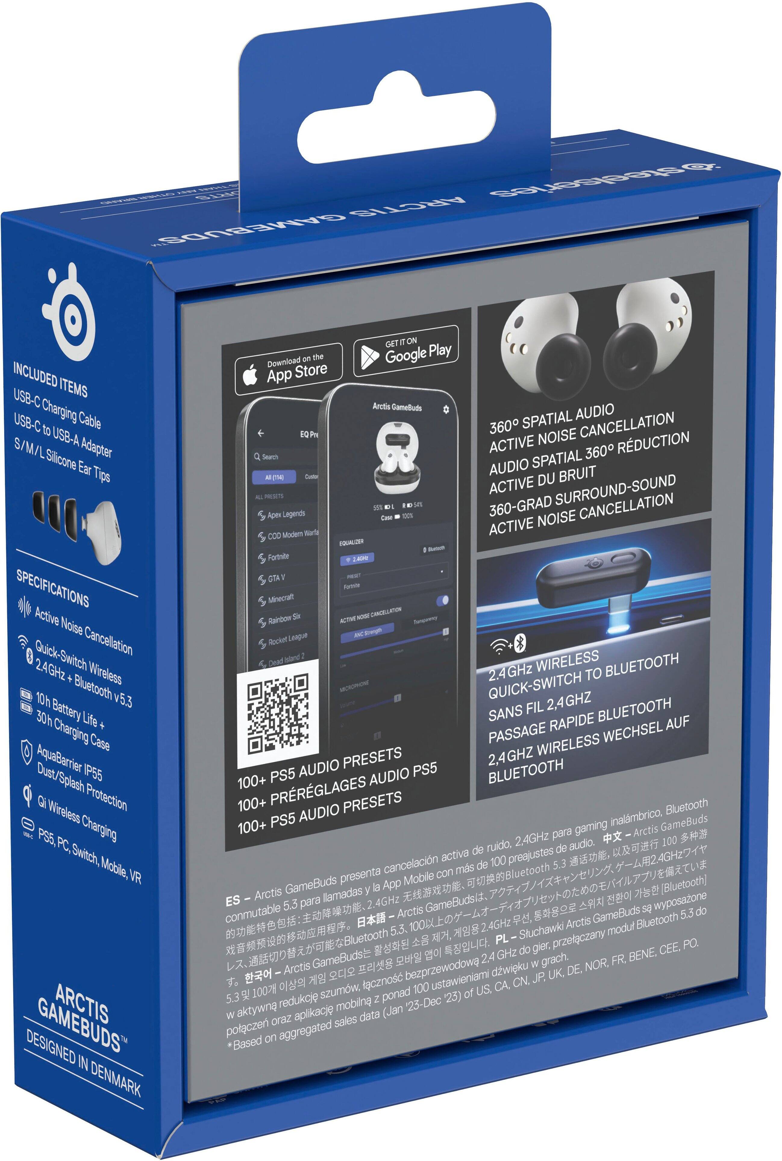 The box contains a pair of Arctis Gamebuds, which are designed for use with the PlayStation 5. These earbuds offer 360 spatial audio, active noise reduction, and a quick switch to presets. They are wireless and have a 240Hz refresh rate. The box also includes a 2.45m USB-C charging cable. The earbuds are compatible with both the PlayStation 5 and Apple devices.