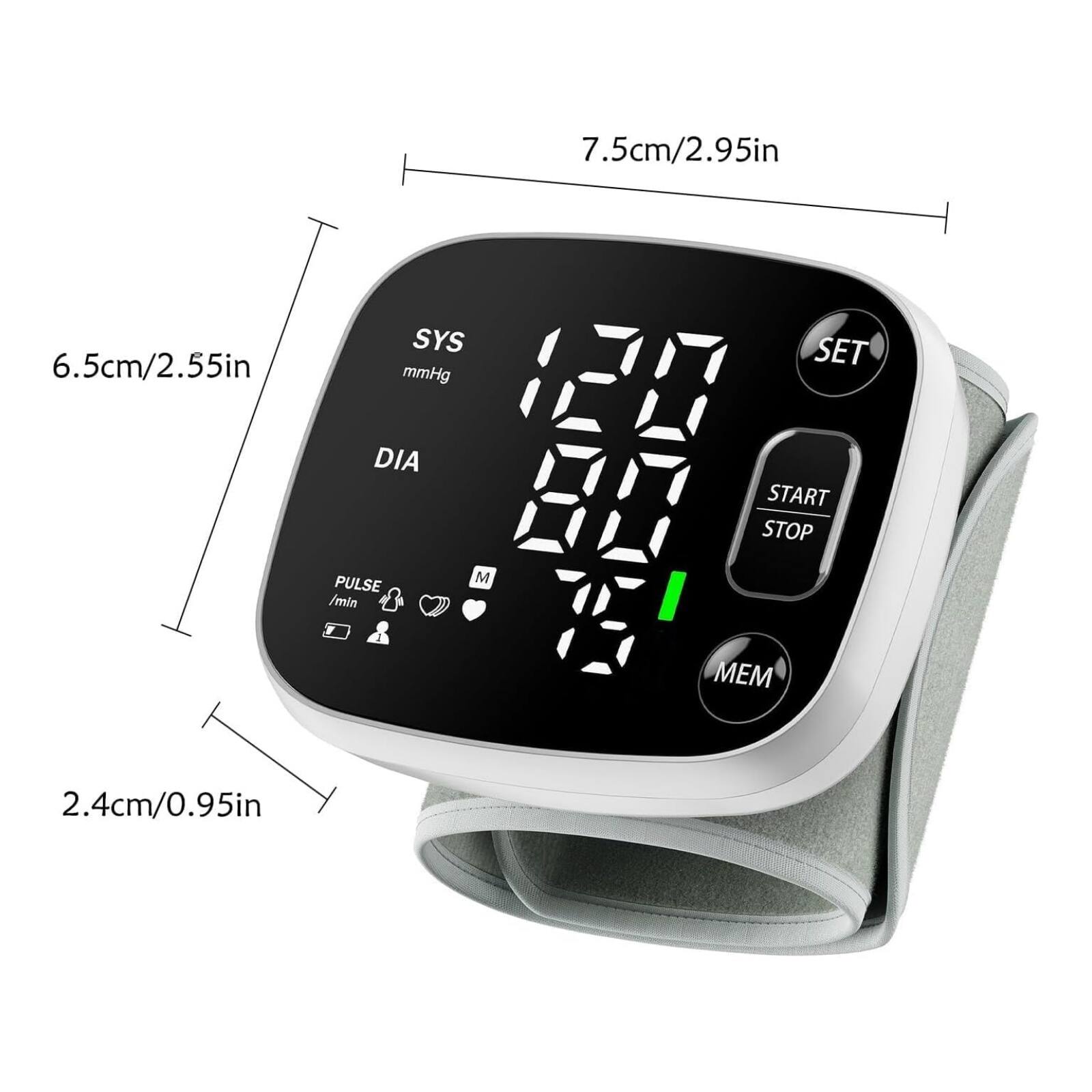 7.5cm/2.95in  
6.5cm/2.55in  
SYS mmHg  
DIA  
PULSE /min  
SET  
START STOP  
MEM  
2.4cm/0.95in