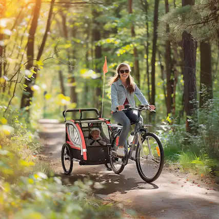 Front. Resenkos - Red 3-in-1 Kids Bike Trailer, 2-Seat Running Stroller/Jogging Cart with 5-Point Harness and Storage.