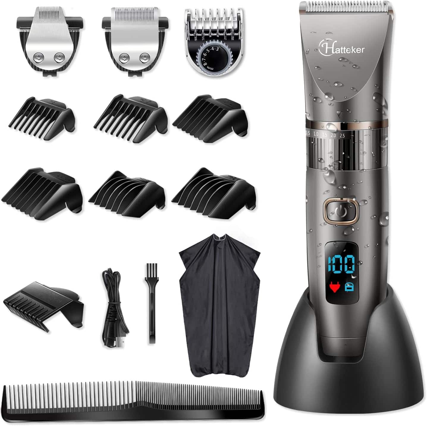 HATTEKER - Professional Hair Clipper Beard Trimmer for Men Detail Cutting Kit Cordless Waterproof 3 IN 1 - Black