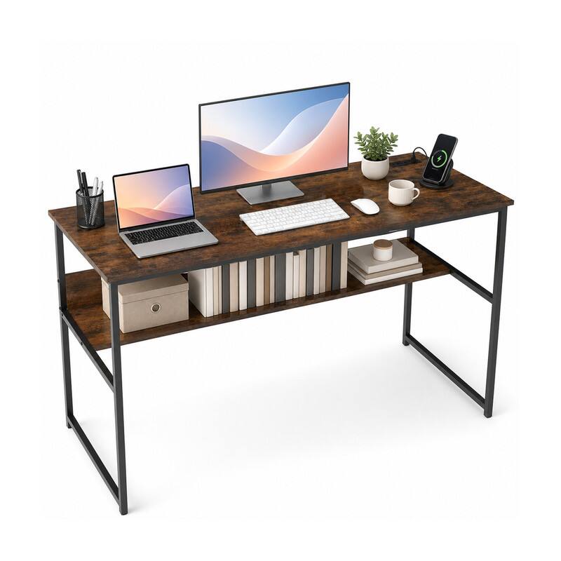 Angle. WELLFOR - 55" Computer Desk with Power Outlets & Shelf, Home Office Desk Writing Desk with Adjustable Foot Pads - Rustic Brown.