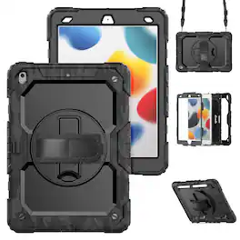 Dteck - for Apple iPad (9th Generation) 10.2" 2021 & iPad 8th/7th Gen 10.2" 2020/2019 Heavy Duty Stand Case w/ Screen Protector - Black