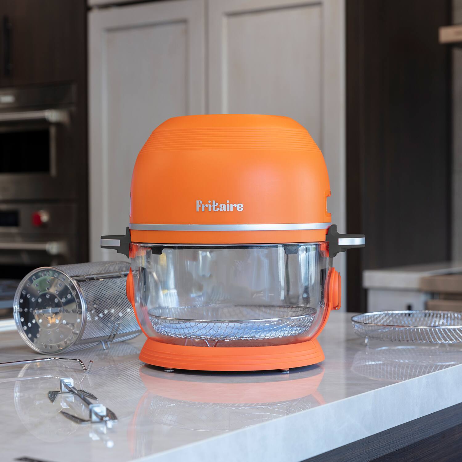 Angle. Fritaire - Non-Toxic Air Fryer - Glass Air Fryer, 5qt, Teflon-Free, PFOA- Free, w/ Accessories - Rotisserie and Tumbling Basket - Orange.