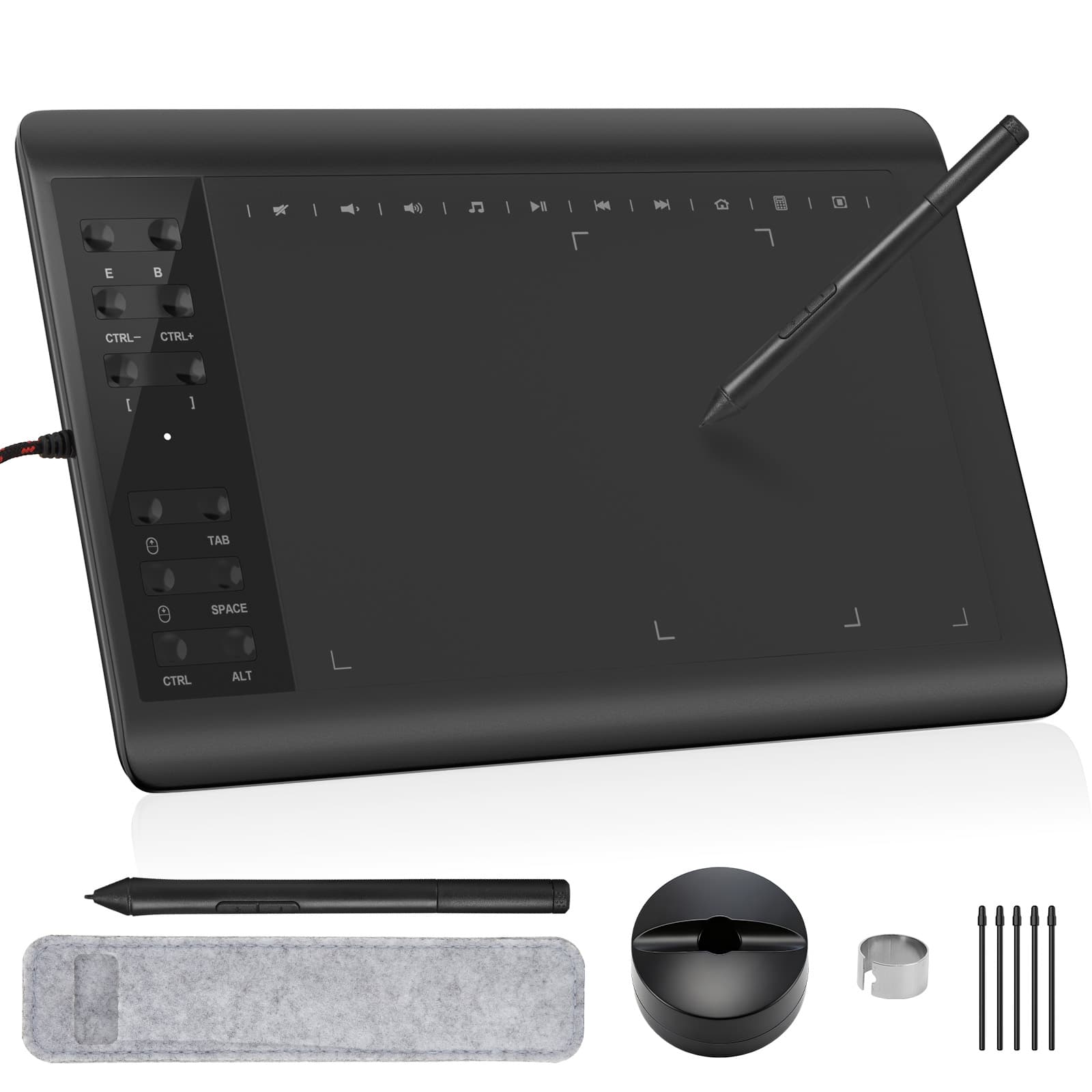 IMAGE - Graphics Drawing Tablet 10 x 6 Inch Large Active Area with 8192 Levels Battery-Free Pen and 12 Hot Keys - Black