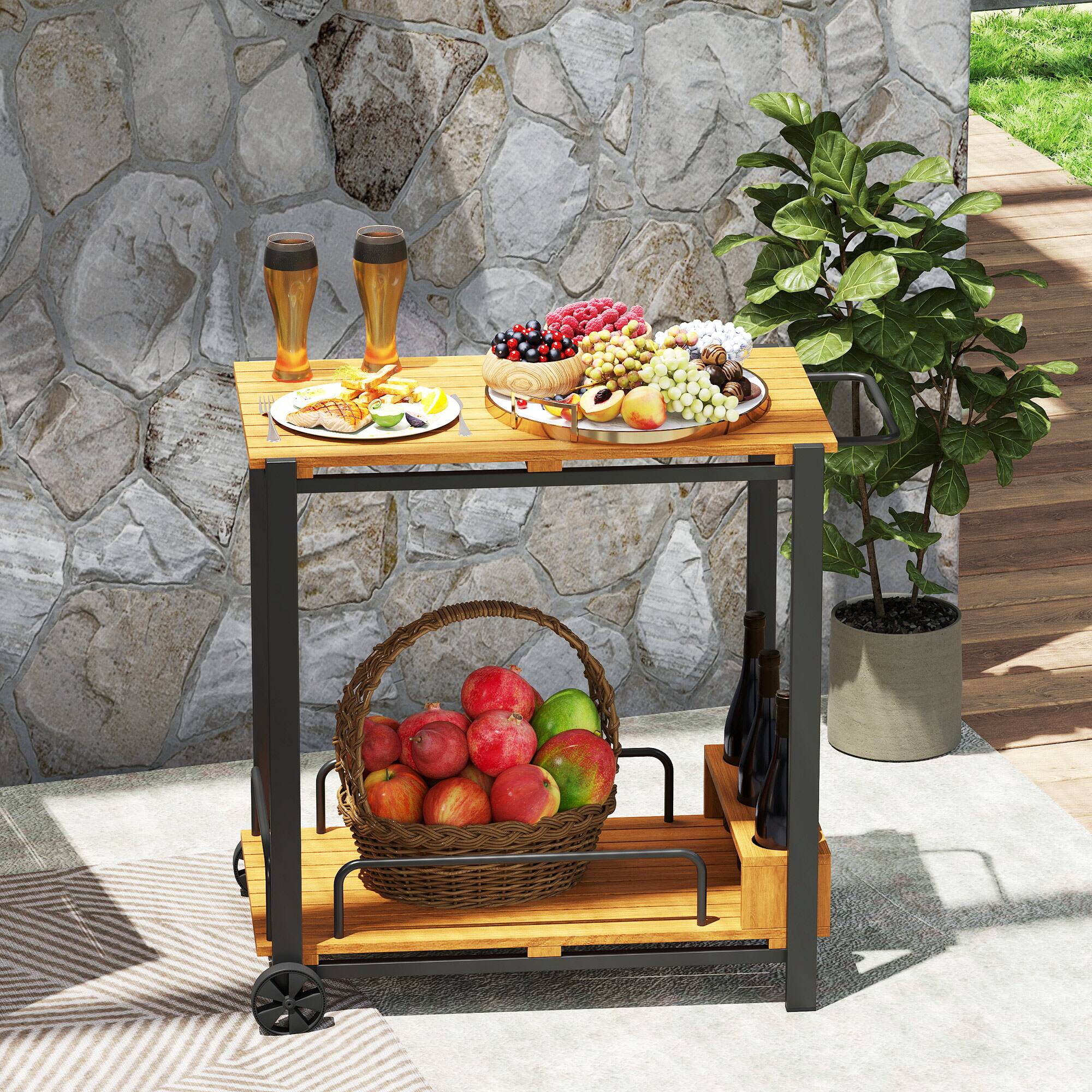 Alt View 1. Outsunny - Acacia Wood Outdoor Bar Cart, Rolling 2-Tier Outdoor Serving Cart with 3 Bottle Holders and 2 Wheels for Kitchen - Teak.