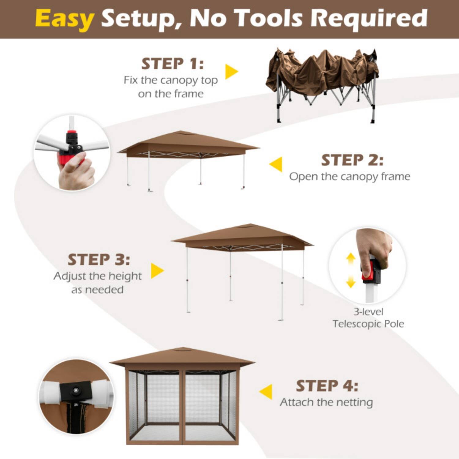Easy Setup, No Tools Required

STEP 1: Fix the canopy top on the frame

STEP 2: Open the canopy frame

STEP 3: Adjust the height as needed

STEP 4: Attach the netting

3-level Telescopic Pole