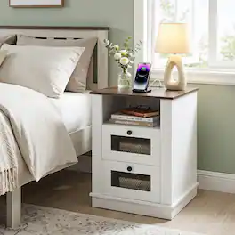 Costway - 1 PCS Nightstand with Charging Station, Night Stand with Storage Compartment, 2 Drawers - Rustic Brown, White