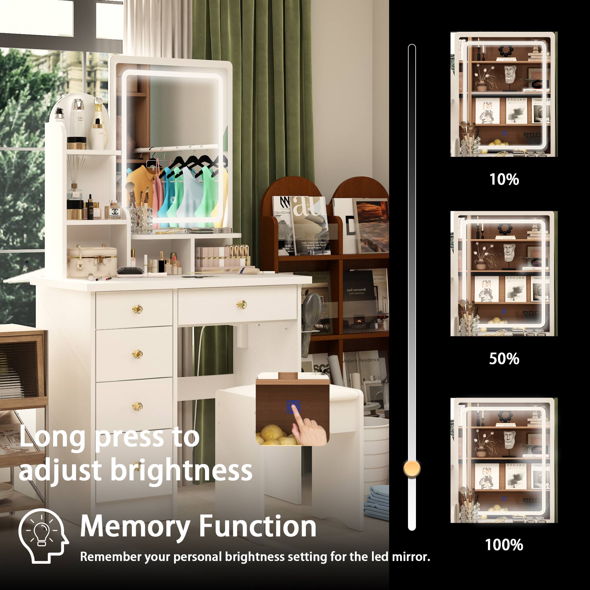 UER 90° 3 S au 10% 4 tee. I - - - | CIE diden Residence 50% Long press to adjust brightness Memory Function Remember your personal brightness setting for the LED mirror. 100%
