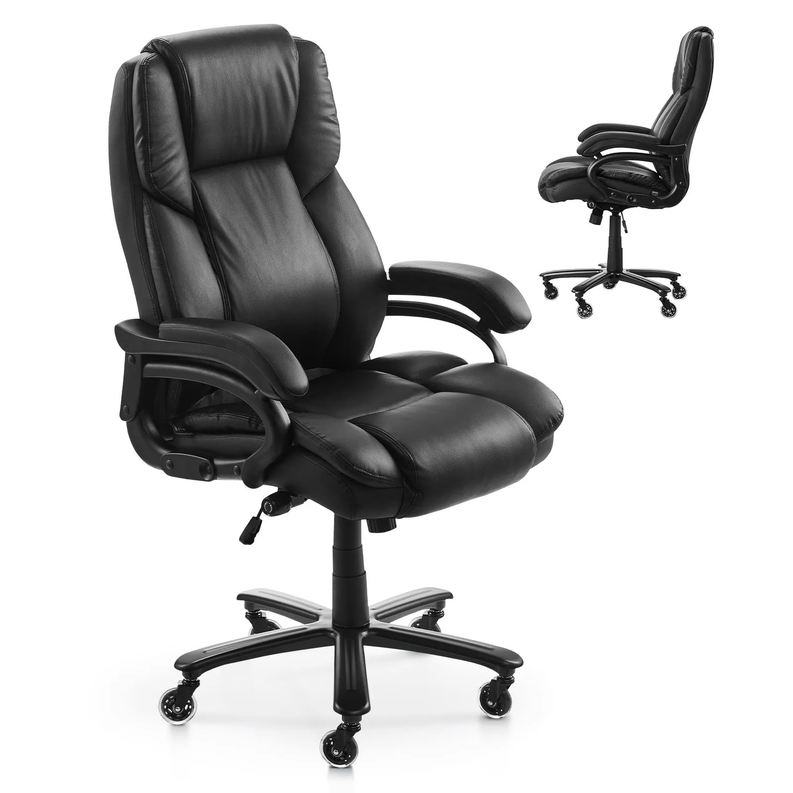 Glintex - Executive Office Chair with Lumbar Support, 500lbs Capacity Ergonomic Reclining PU Leather Desk Chair Height Adjustable - Black