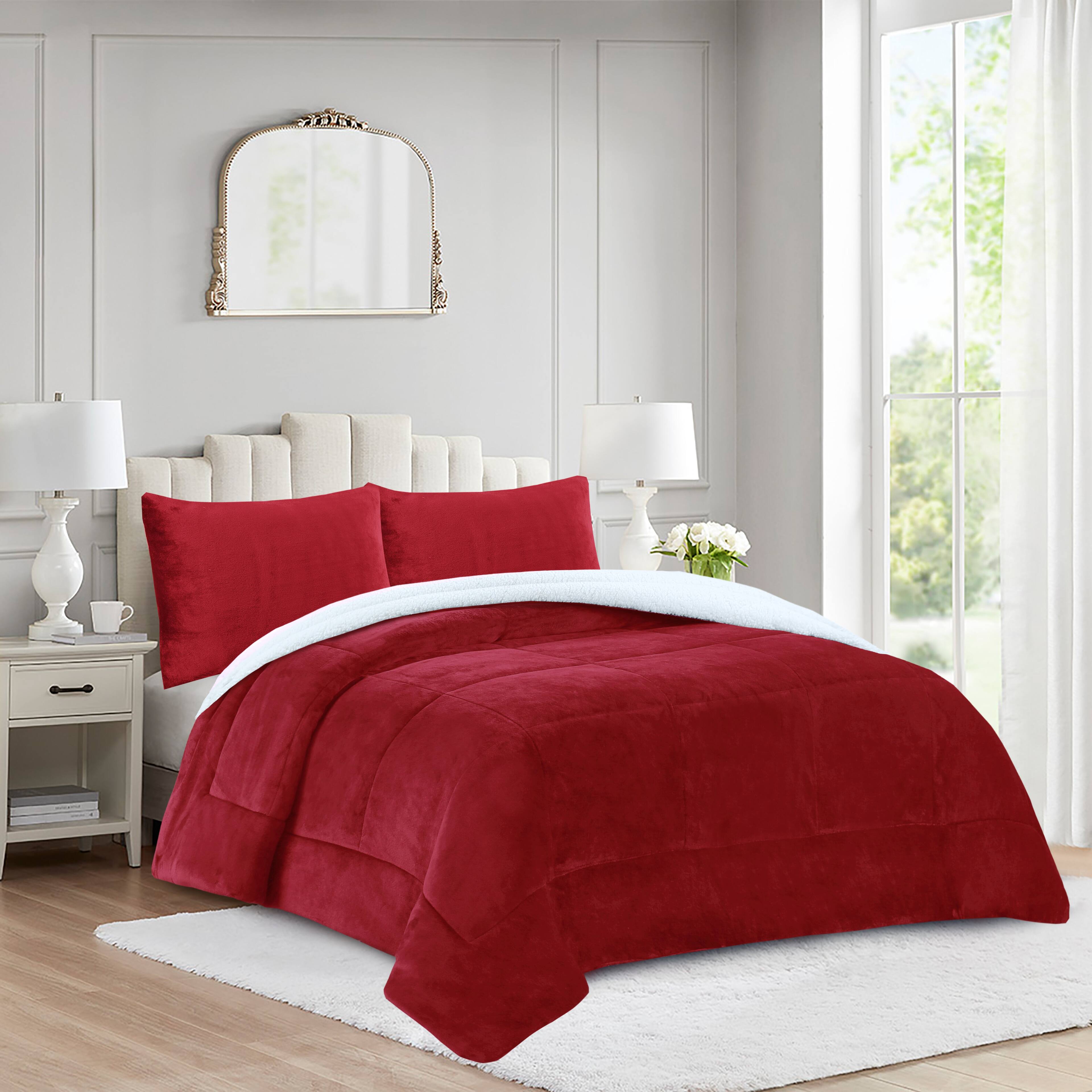 Angle. MarCielo - MarCielo 3 Piece Soft Micromink Fluffy Ultra Cozy Sherpa Comforter Set - Red.