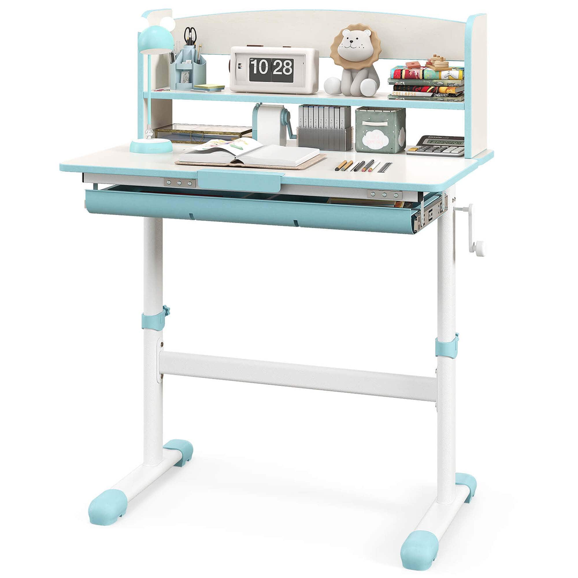 Costway - Kids Study Desk with 7-Level Tiltable Desktop Adjustable Height Pull Out Drawer - Blue