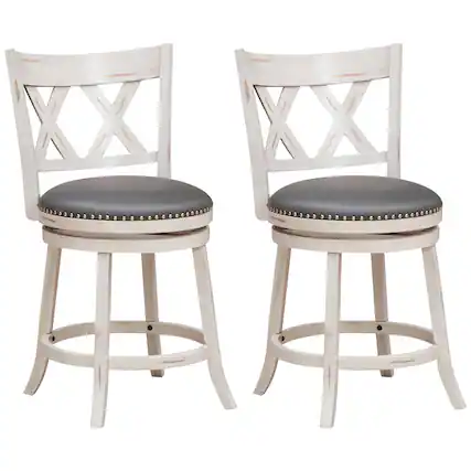 Front. Costway - 25.5" Hand-Antiqued Bar Stool Set of 2 Swivel Counter Height 20" Wider Seat - Antique White/Gray.