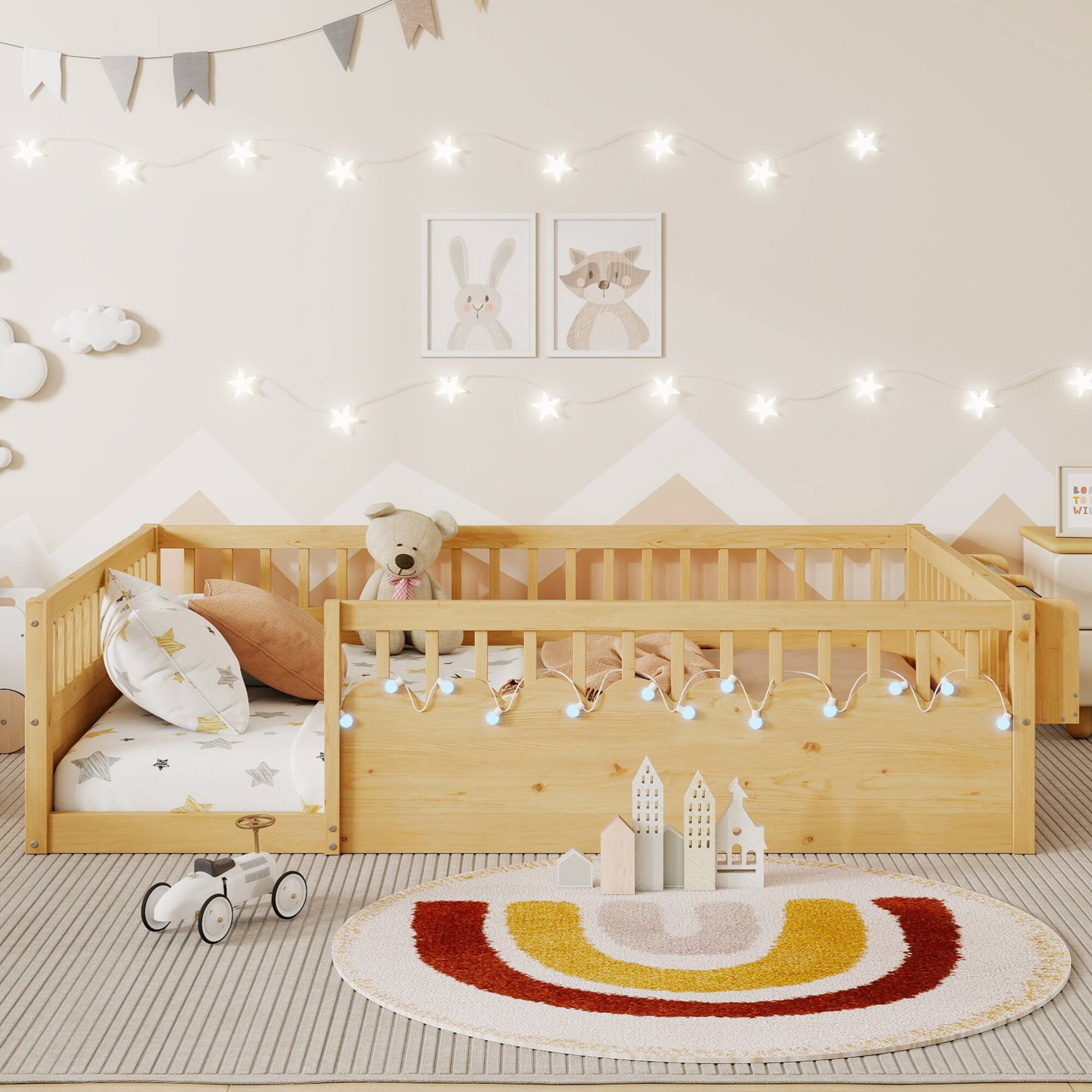 Angle. GOODSILO - Full Size Low Profile Children's Floor Bed Frame Integrated LED Lighting and Convenient Storage Shelf - Natural.