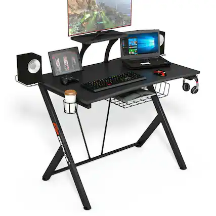 Front. Pefilos - Multifunctional E-Sport Gaming Desk with Headset Hook & Cup Holder, Office Desk, Gaming Computer Desks for Study - Black.