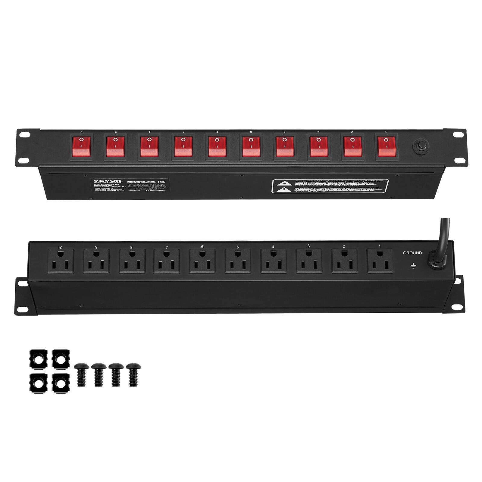 VEVOR 1U PDU, 10 Outlets, Rack Mount Power Strip Fits Standard 19