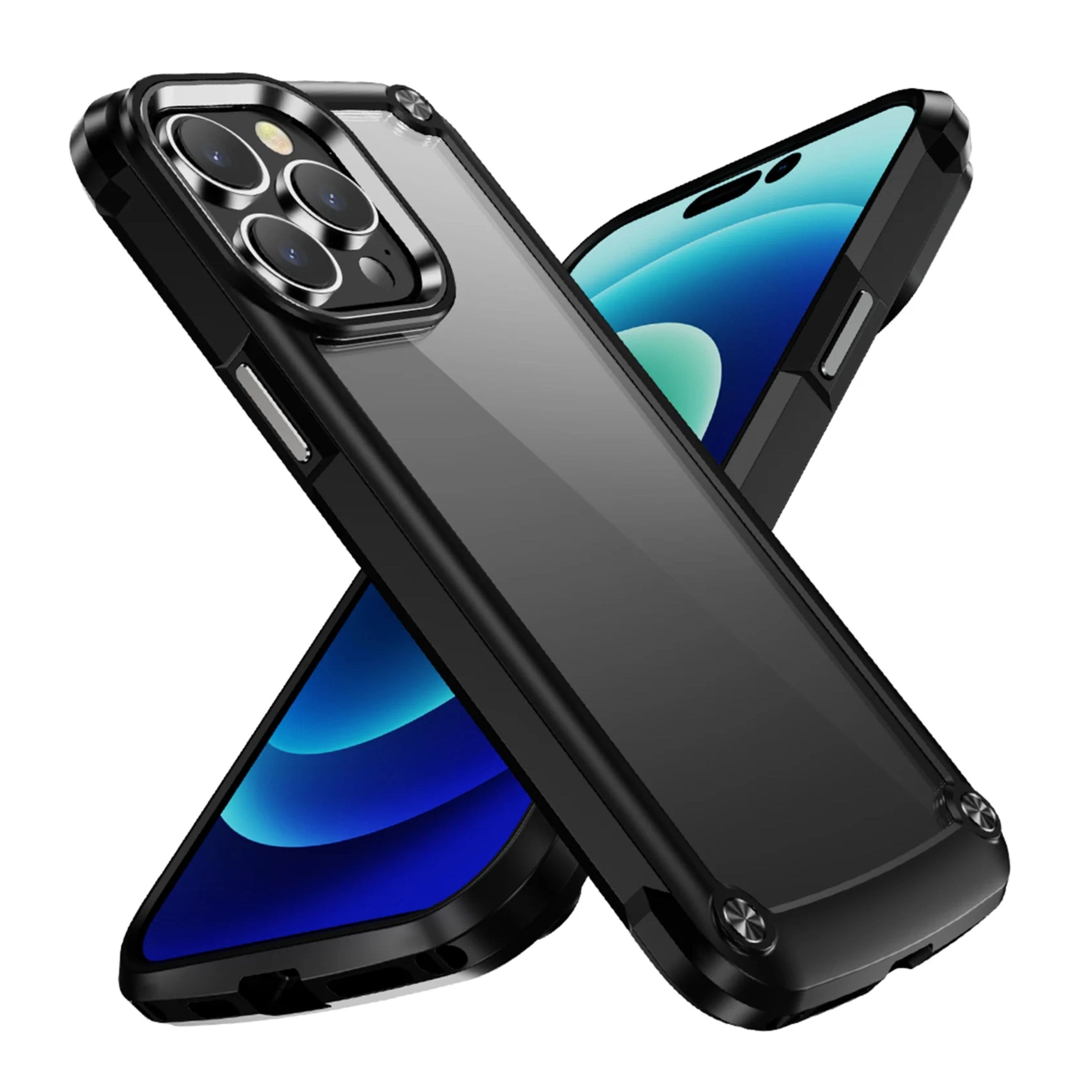 Kitcheniva - Hybrid Metal Buttons Raised Lip Phone Case With 2 Pcs Screen Protectors For iPhone 15 Pro Max - Black