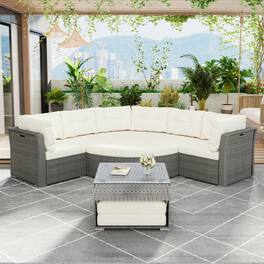Siljoy - Patio Rattan Daybed Sectional Set, Outdoor Seating Group with Cushions & Center Table - Beige