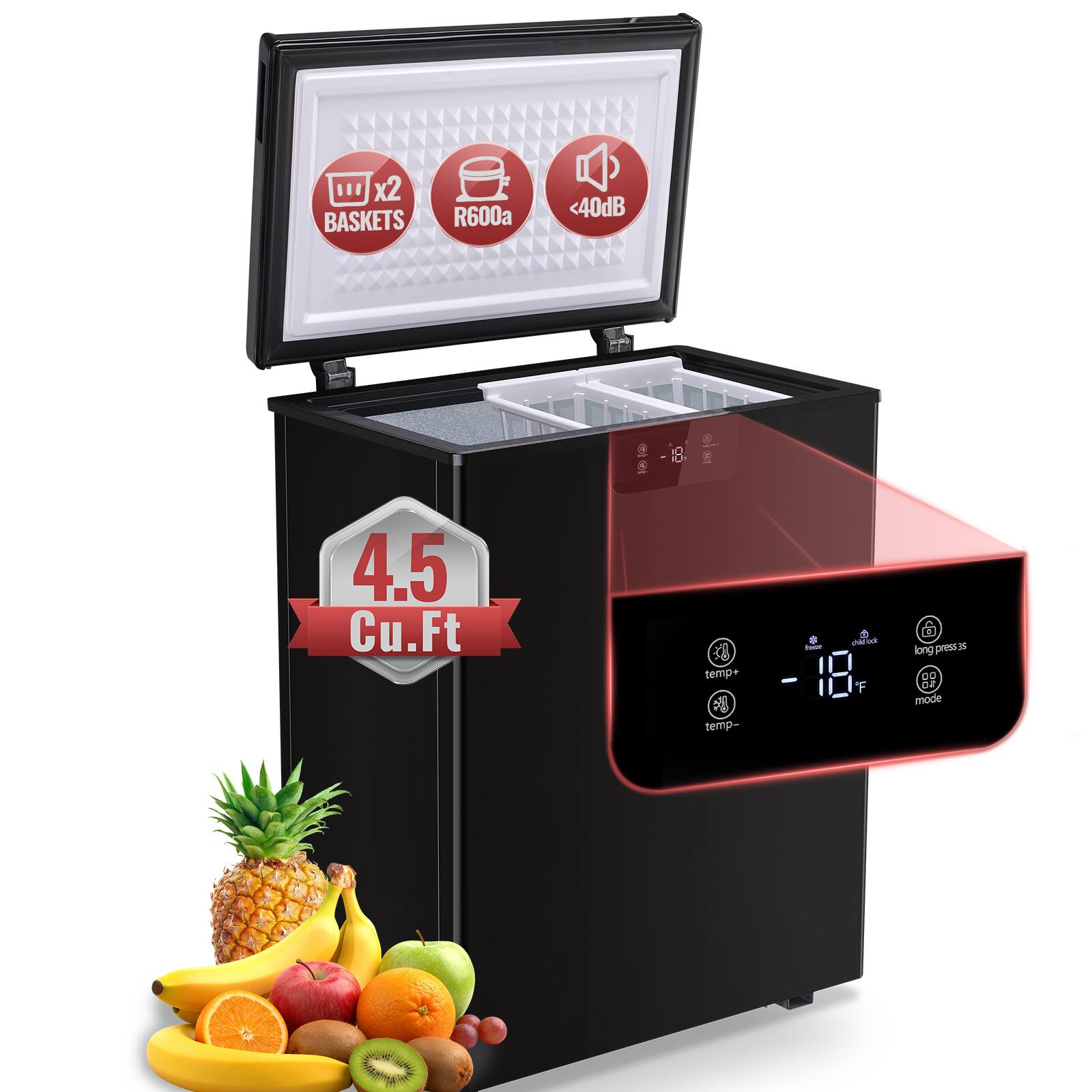 - x2 BASKETS
- R600a
- <40dB
- 4.5 Cu.Ft
- temp+
- temp-
- long press 3s
- mode