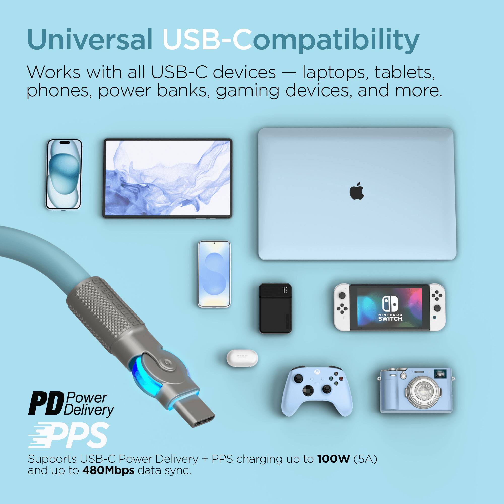 Universal USB-Compatibility  
Works with all USB-C devices - laptops, tablets, phones, power banks, gaming devices, and more.  

SWITCH Power PD Delivery EPPS  
Supports USB-C Power Delivery + PPS charging up to 100W (5A) and up to 480Mbps data sync.