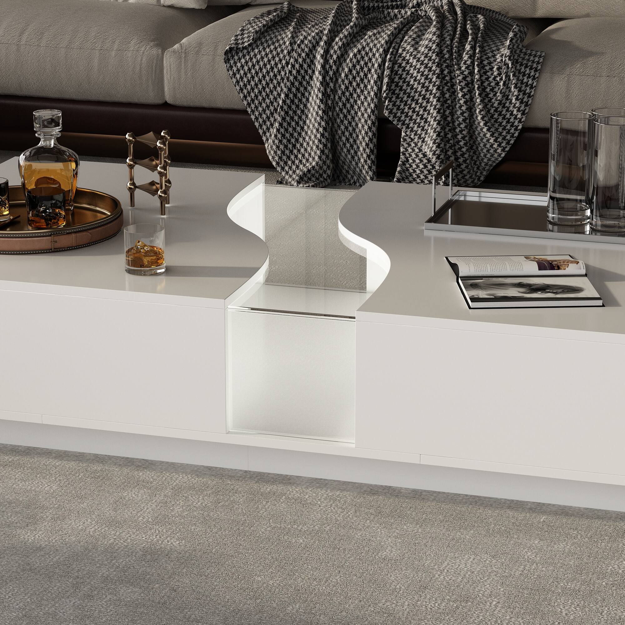 Alt View 10. FUFU & GAGA - Modern Irregular Coffee Table with LED Ambient Lighting, Hidden Drawers and Open Storage for Living Room - White.