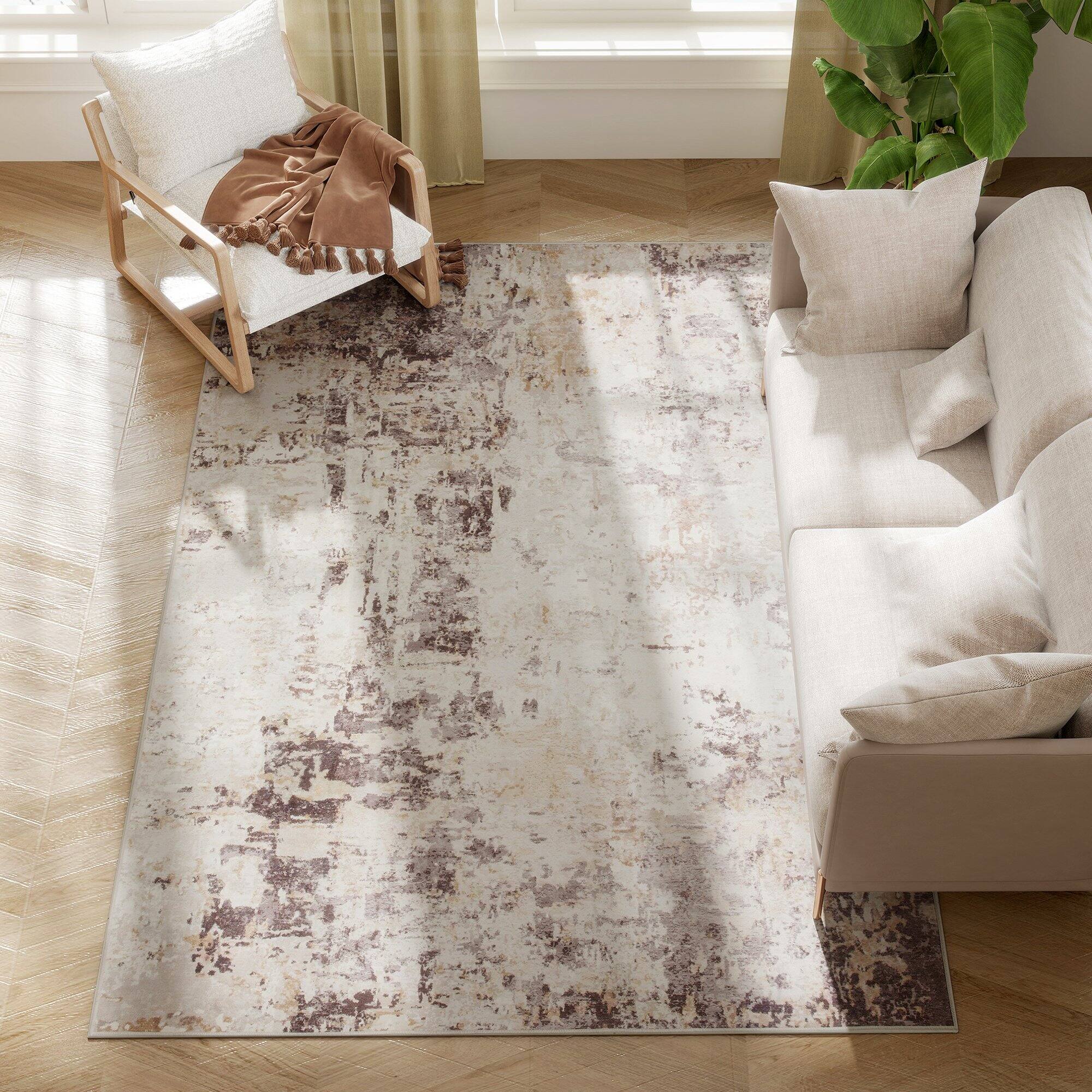 Front. Homcom - Area Rug 5x7, Machine Washable Distressed Non-Slip Modern Abstract, Mixed-Brown - Mixed Brown.