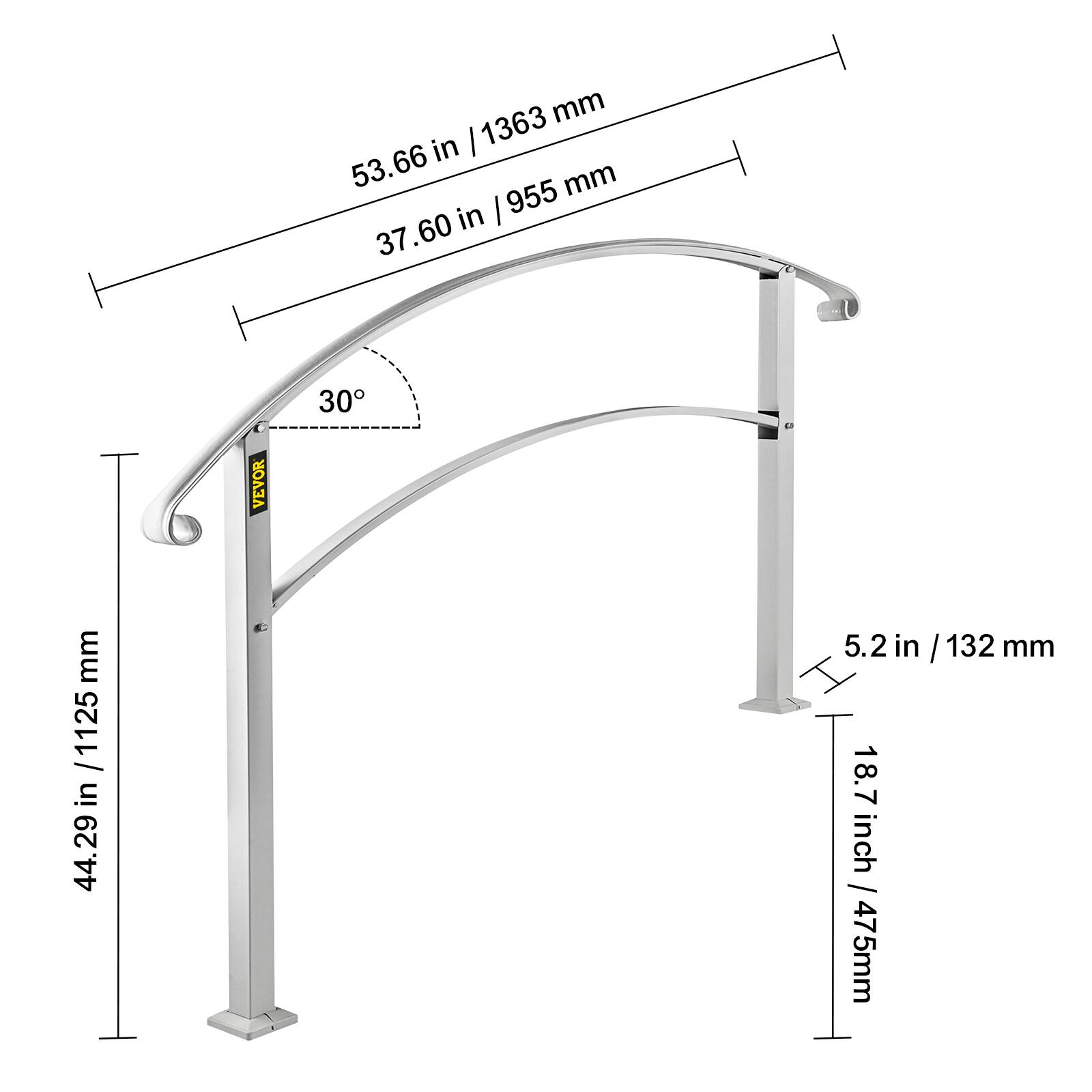 53.66 in / 1363 mm
37.60 in / 955 mm
30°
44.29 in / 1125 mm
5.2 in / 132 mm
18.7 inch / 475 mm