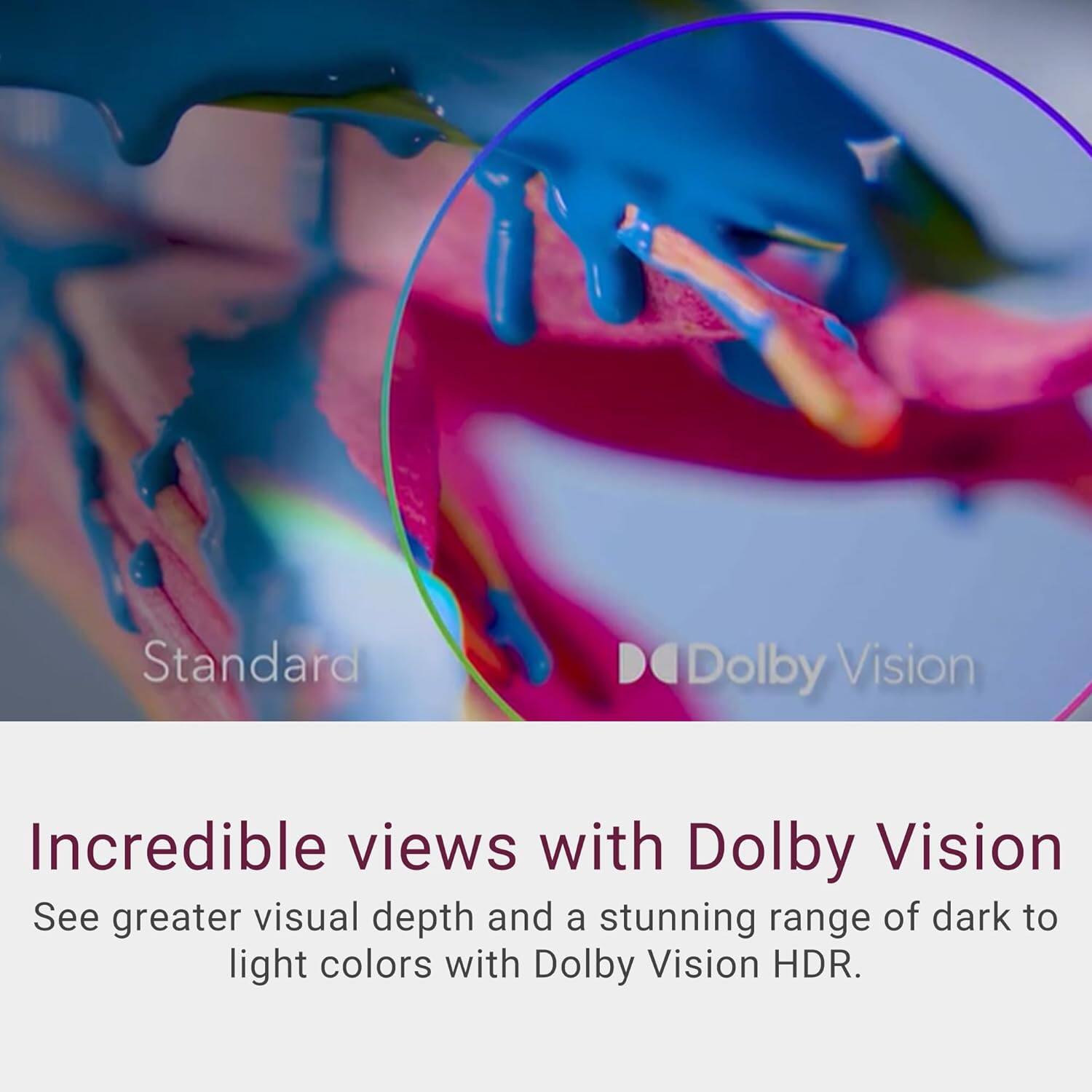 Standard Dolby Vision

Incredible views with Dolby Vision

See greater visual depth and a stunning range of dark to light colors with Dolby Vision HDR.