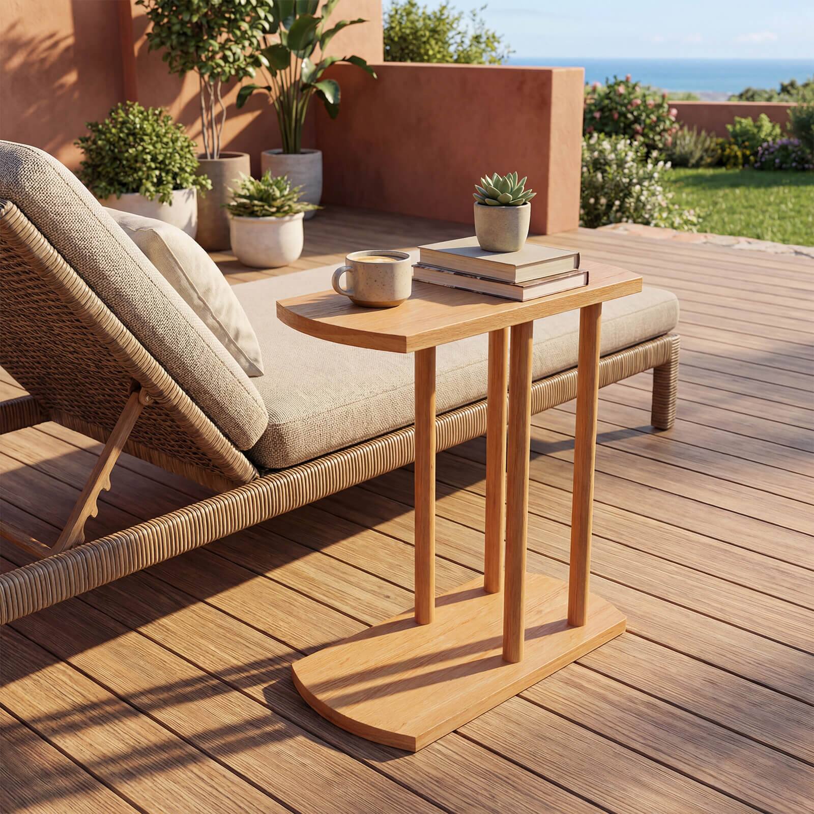 Alt View 4. Costway - Costway 2PCS C-shaped Teak Wood Side Table with Thickened Top, Sturdy Base for Small Spaces - Natural.