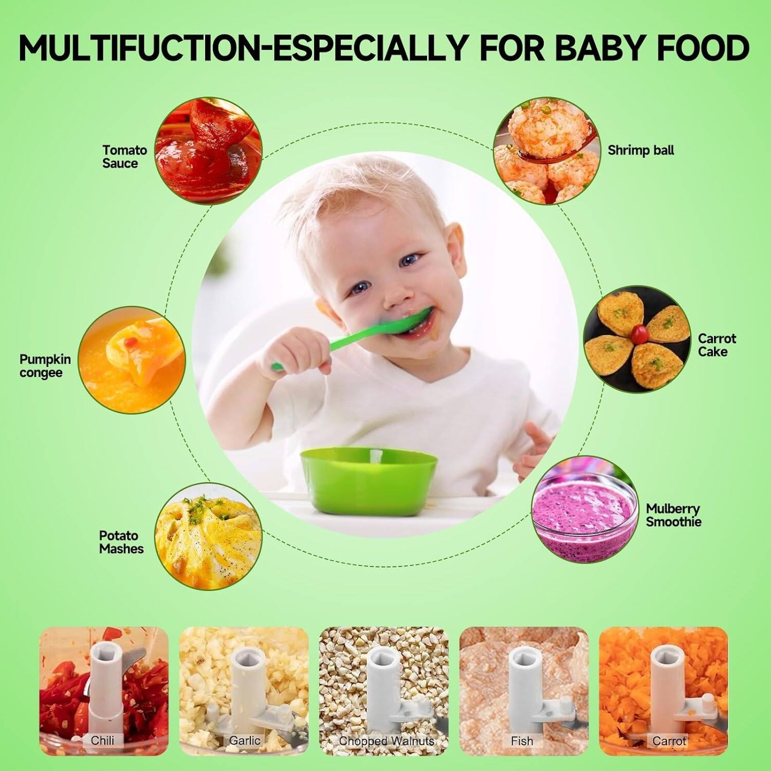 Tomato Sauce, Shrimp ball, Pumpkin congee, Carrot Cake, Potato Mashes, Mulberry Smoothie, Chili, Garlic, Chopped Walnuts, Fish, Carrot