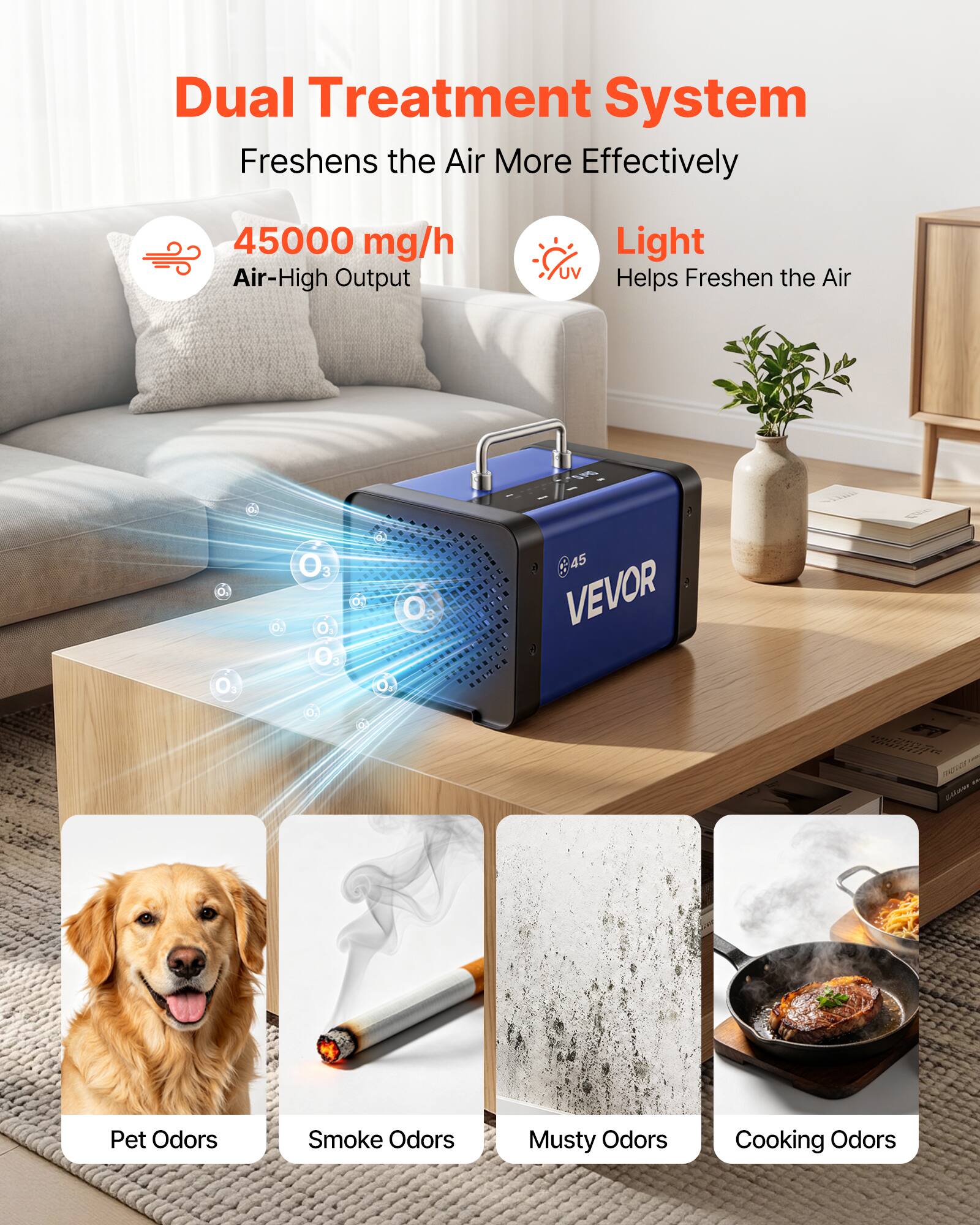 Dual Treatment System Freshens the Air More Effectively

45000 mg/h Air-High Output

UV Light Helps Freshen the Air

O3

Pet Odors
Smoke Odors
Musty Odors
Cooking Odors