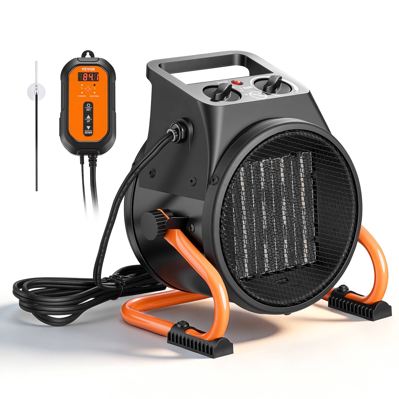 VEVOR - Greenhouse Heater, 1500W Electric PTC Space Heater with Thermostat, Fan, Low & High Heat Modes, 15° Adjustable Angle - Black;Orange