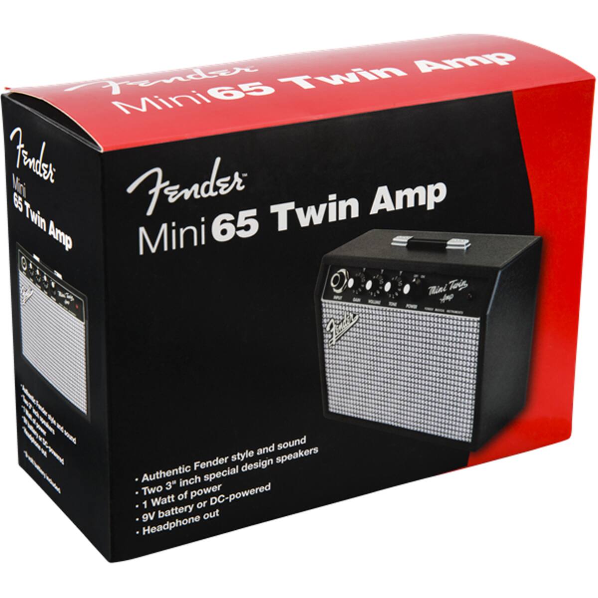 Fender Mini 65 Twin Amp

- Authentic Fender style and sound
- Two 3" inch special design speakers
- 1 Watt of power
- 9V battery or DC-powered
- Headphone out