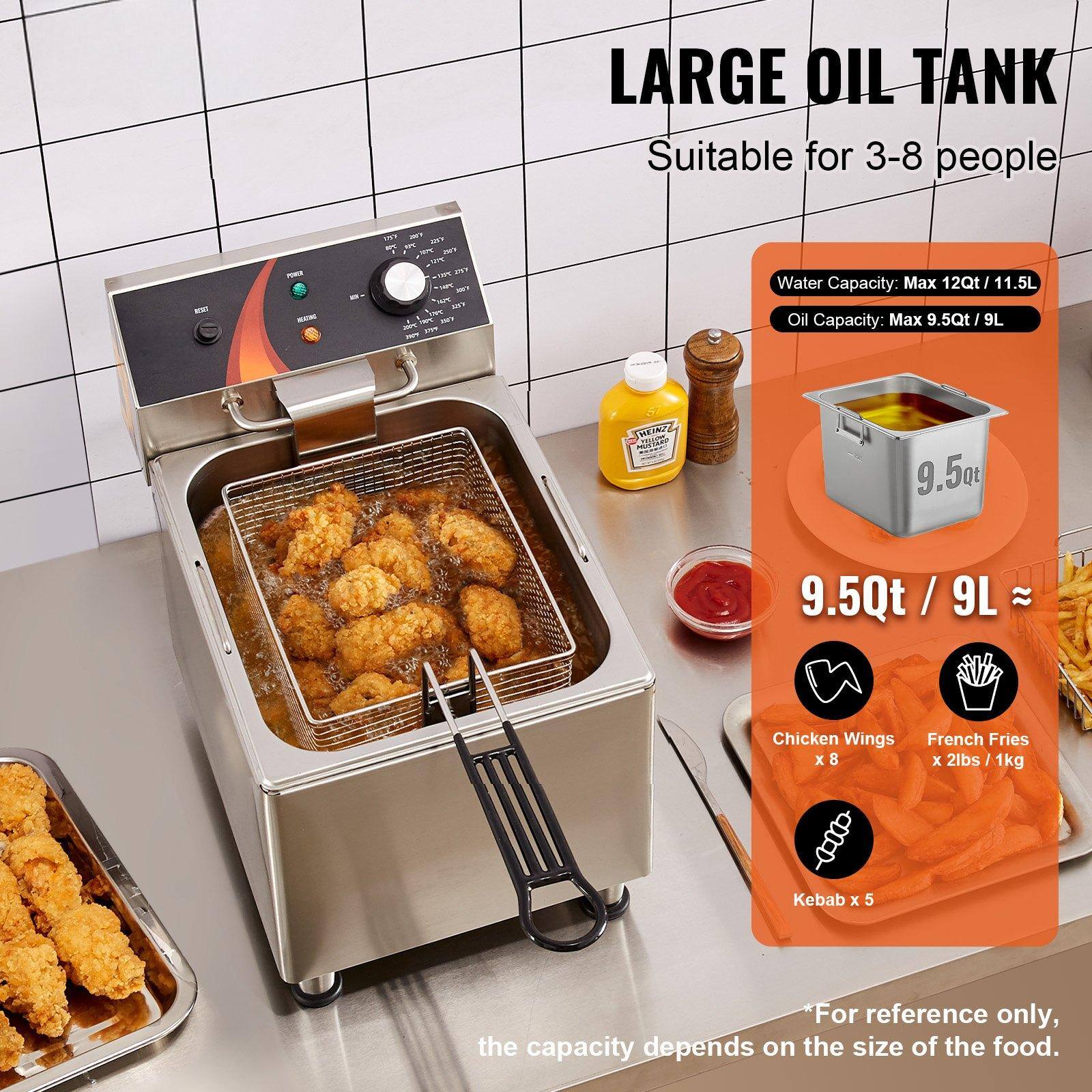 LARGE OIL TANK  
Suitable for 3-8 people  

Water Capacity: Max 12Qt / 11.5L  
Oil Capacity: Max 9.5Qt / 9L  

9.5Qt / 9L ≈  
Chicken Wings x 8  
French Fries x 2lbs / 1kg  
Kebab x 5  

*For reference only, the capacity depends on the size of the food.
