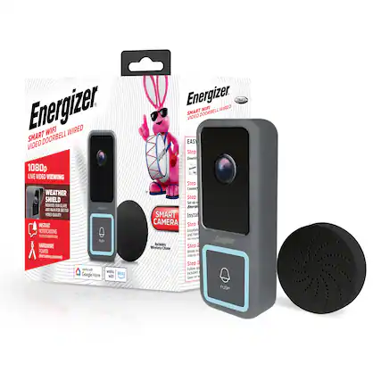 Energizer Smart WiFi Wired Video Doorbell 1080p Live Video Viewing Weather Shield Reduces Sun Glare and Rain for Better Video Quality Instant Notifications to Your Smartphone Hardwire Power (Works with Battery Power) Works with Google Home and Alexa
- 1080p Live Video Viewing
- Weather Shield Reduces Sun Glare and Rain for Better Video Quality
- Instant Notifications to Your Smartphone
- Hardwire Power (Works with Battery Power)
- Works with Google Home and Alexa
Easy Step-by-Step Installation:
1. Step 1: Connect
2. Step 2: Install
3. Step 3: Follow Included Instructions
Includes Wireless Chime
