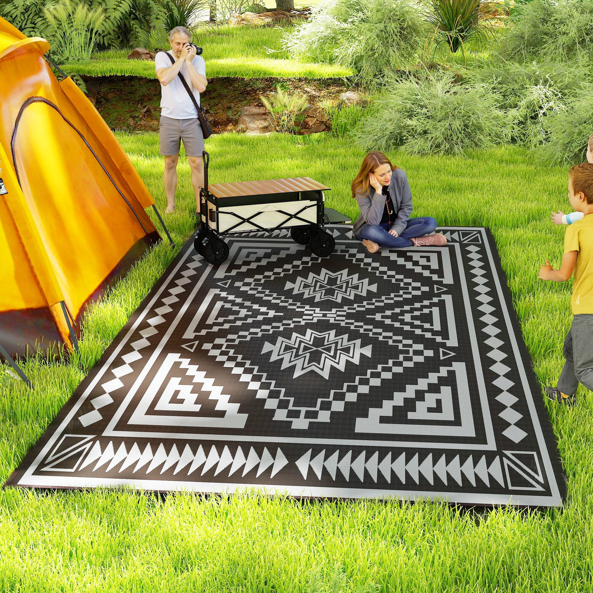 Alt View 1. Outsunny - Outdoor Rug for Patio, 9' x 18' Waterproof Large Mat, Reversible Plastic Straw Rug for Décor - Black and Gray Square Patchwork.