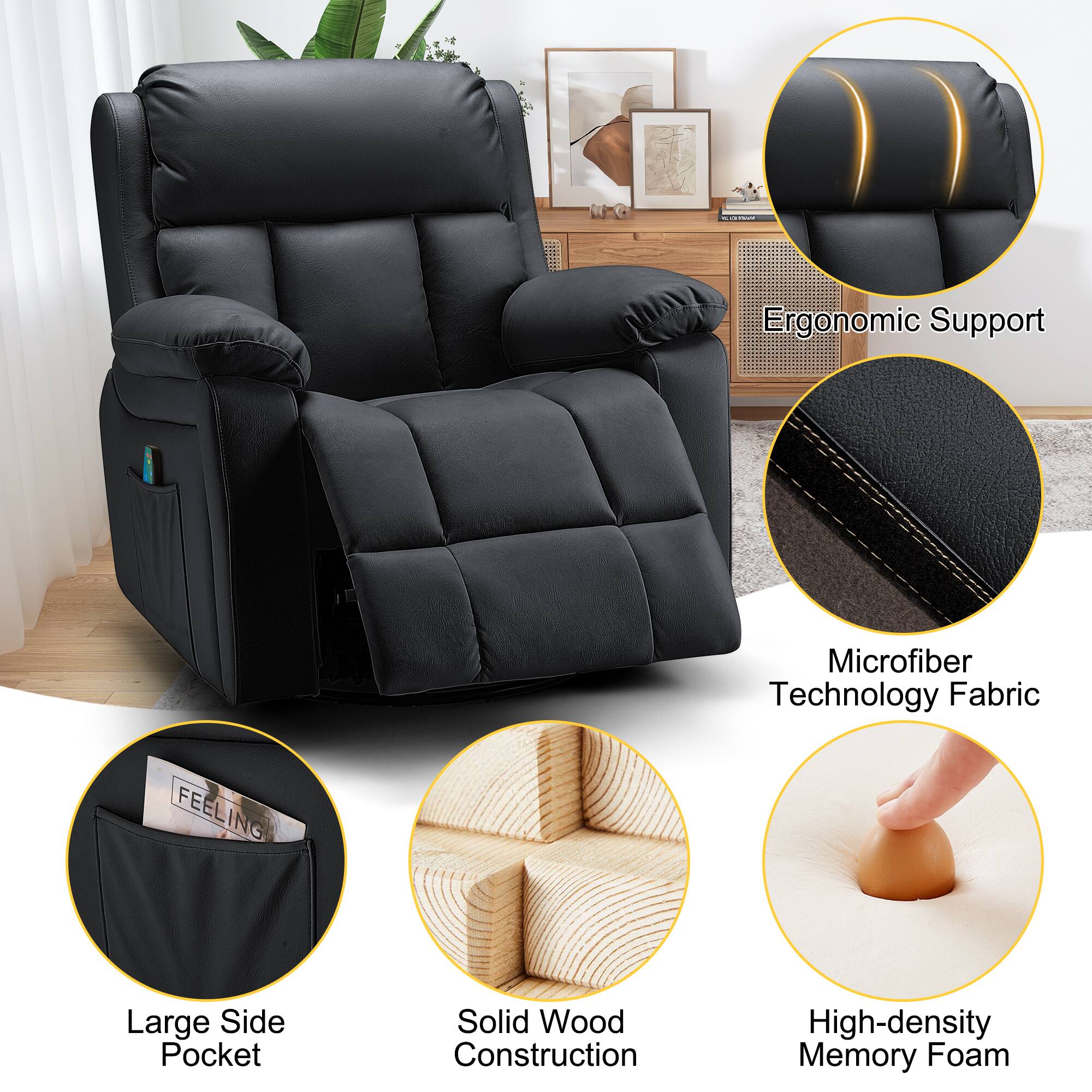 - Ergonomic Support
- Microfiber Technology Fabric
- Large Side Pocket
- Solid Wood Construction
- High-density Memory Foam