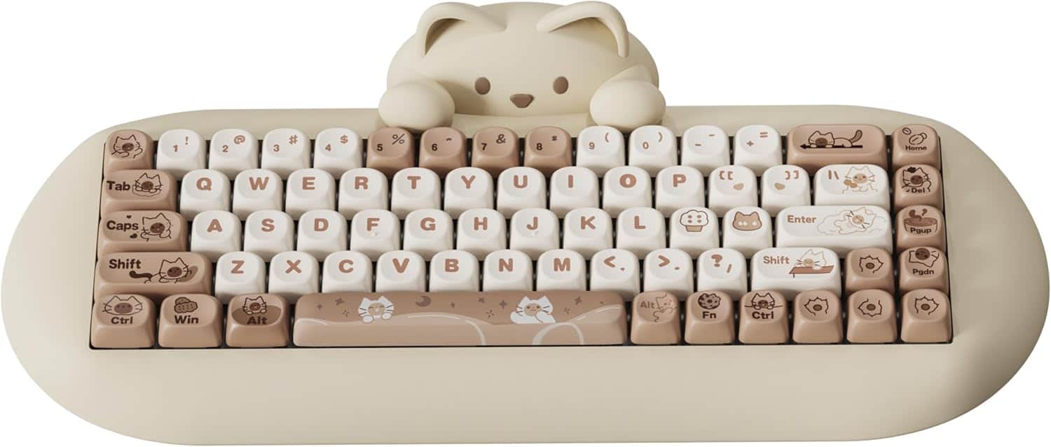 Wikistore - C68 Wireless Mechanical Keyboard, 65% Hot Swap,RGB Backlit NKRO,Cute Cat Silicone Keyboard Milk Switch - Brown