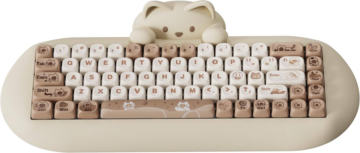 Wikistore - C68 Wireless Mechanical Keyboard, 65% Hot Swap,RGB Backlit NKRO,Cute Cat Silicone Keyboard Milk Switch - Brown