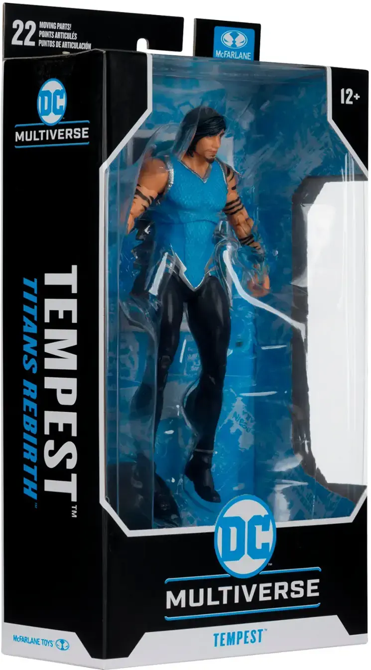 The image features a blue and black action figure of Tempest, a character from the DC Comics universe. The figure is part of the DC Multiverse line of toys, and it is displayed in its original packaging. The packaging is black and white, with the name "Tempest" written on the front. The figure is posed in a dynamic stance, ready for action.