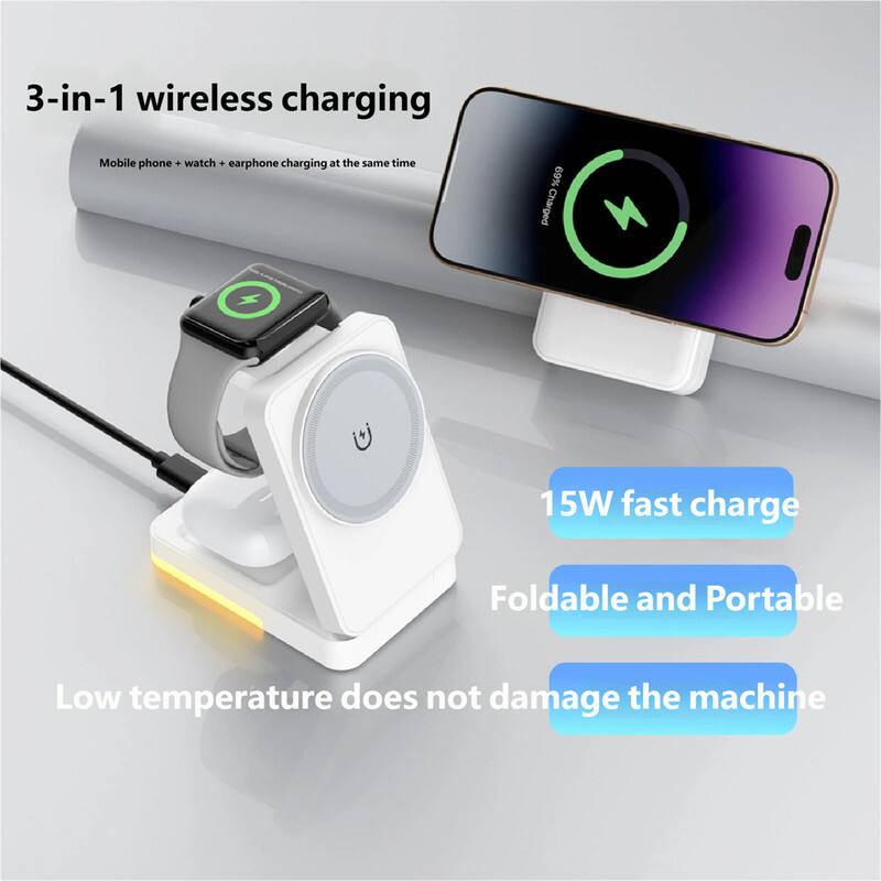 3-in-1 wireless charging  
Mobile phone + watch + earphone charging at the same time  

15W fast charge  
Foldable and Portable  
Low temperature does not damage the machine