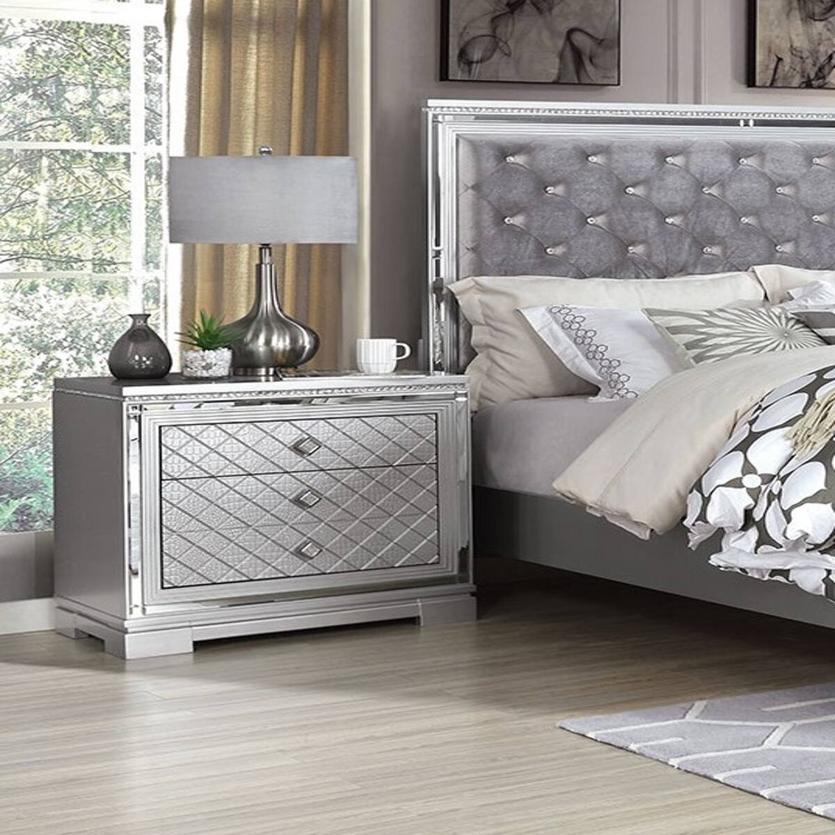 Back. Loheer - Loheer Silver Nightstand with USB Charger, Three-Drawer Bedside Cabinet with Hidden Jewelry Storage - Silver.