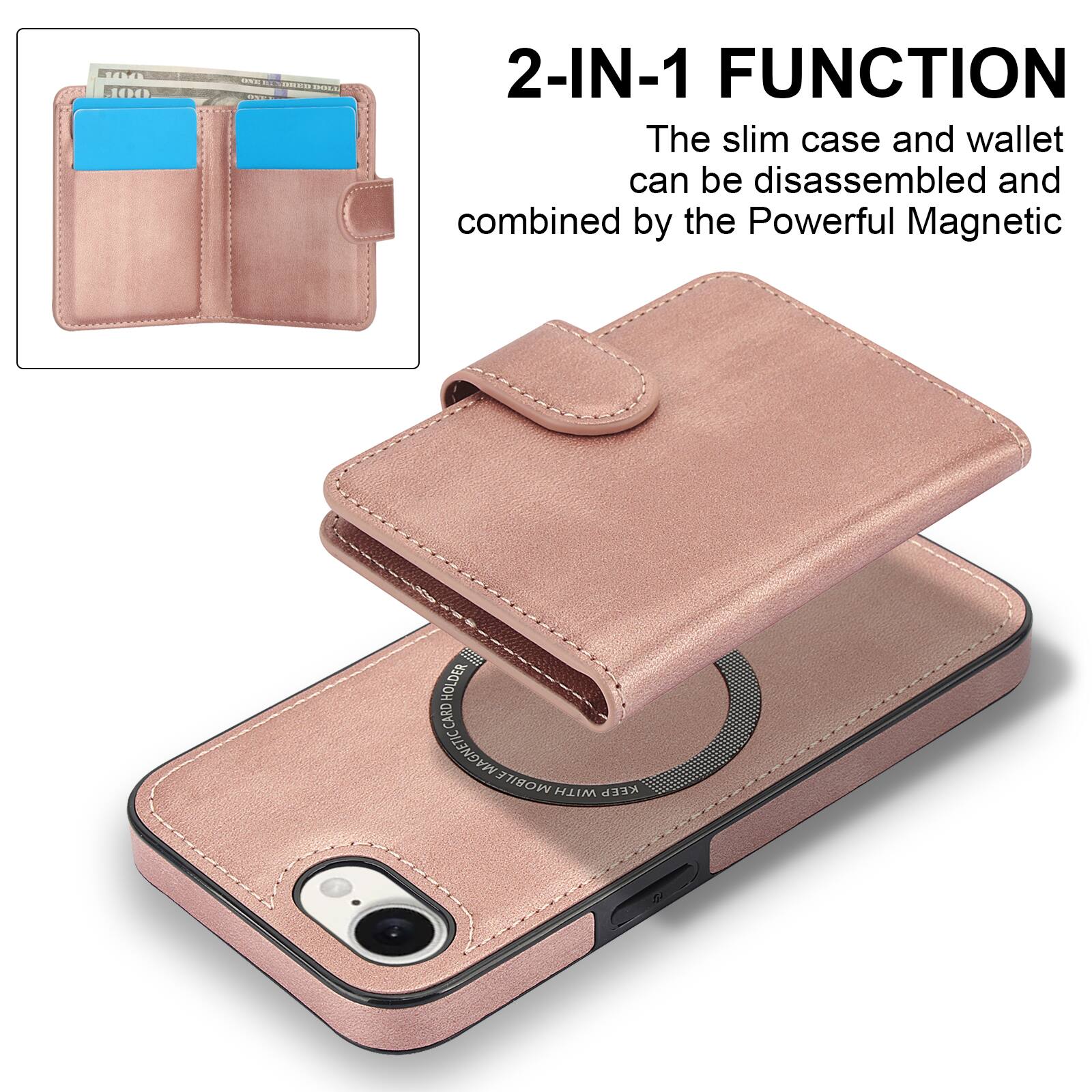 2-IN-1 FUNCTION  
The slim case and wallet can be disassembled and combined by the Powerful Magnetic HOLDER.