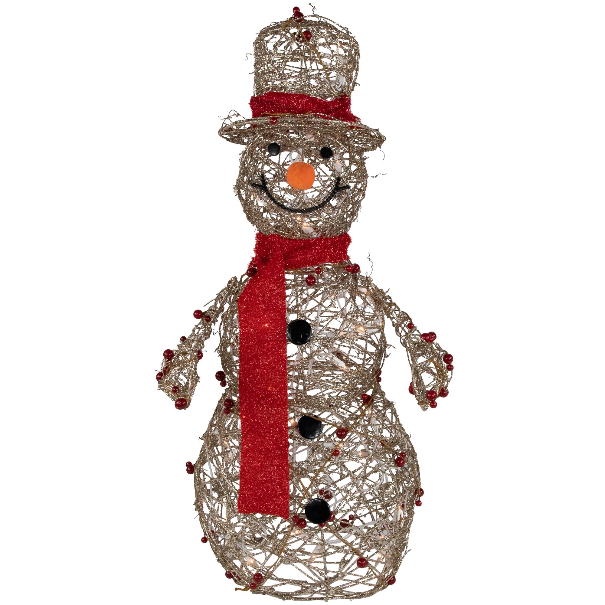 Front. Northlight - Lighted Glittered Snowman and Berries Outdoor Christmas Decoration - 28" - Gold.