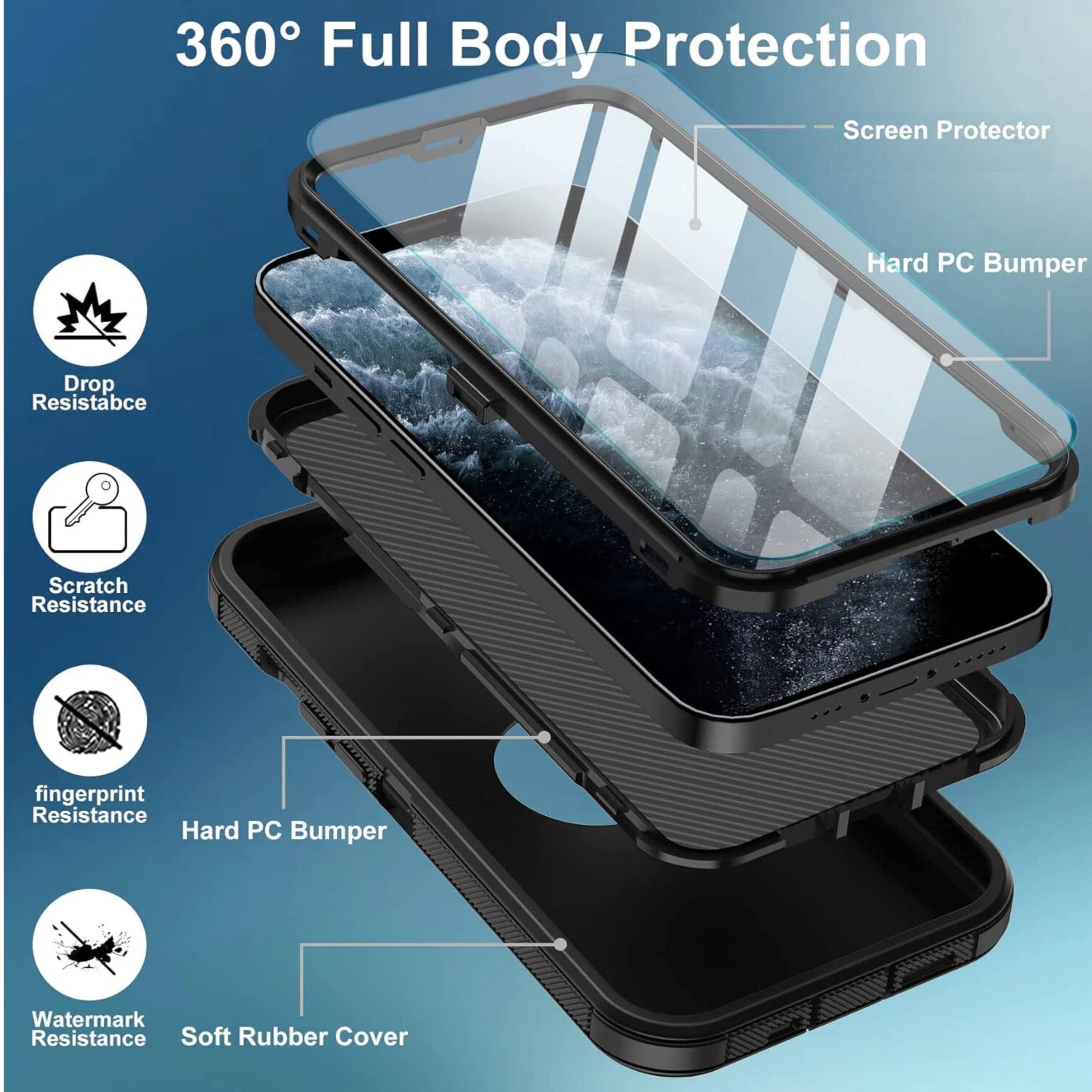 360° Full Body Protection

- Screen Protector
- Hard PC Bumper
- Drop Resistance
- Scratch Resistance
- Fingerprint Resistance
- Watermark Resistance
- Soft Rubber Cover