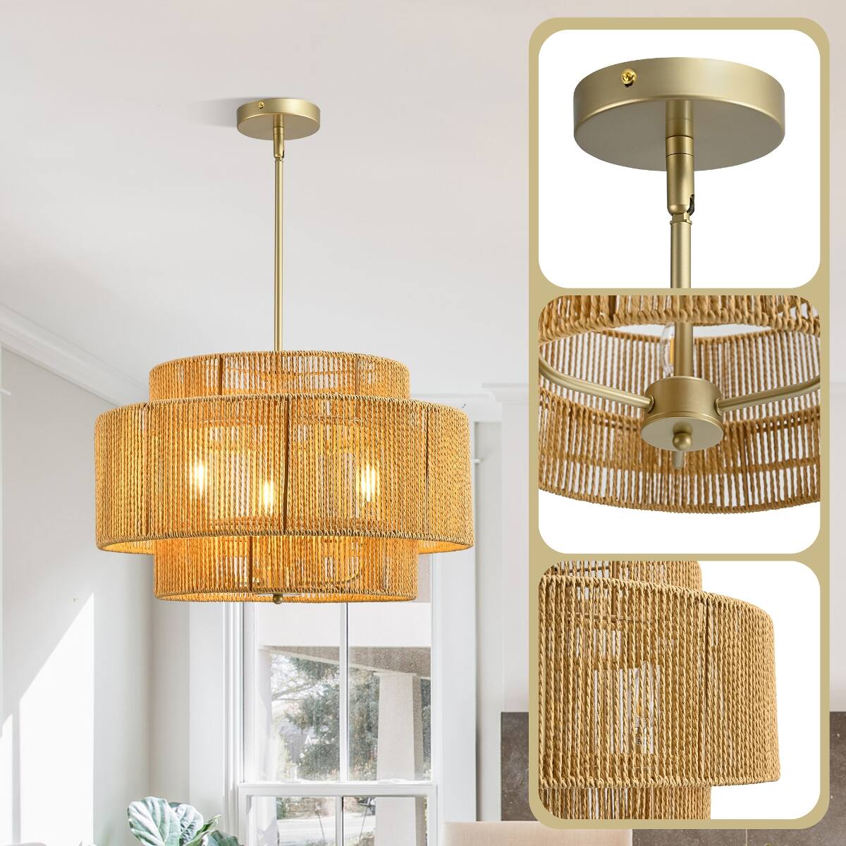 Alt View 2. Loheer - Loheer Boho Rattan Chandelier, Three Light Chandelier with Paper Rope Shade and Gold Frame.