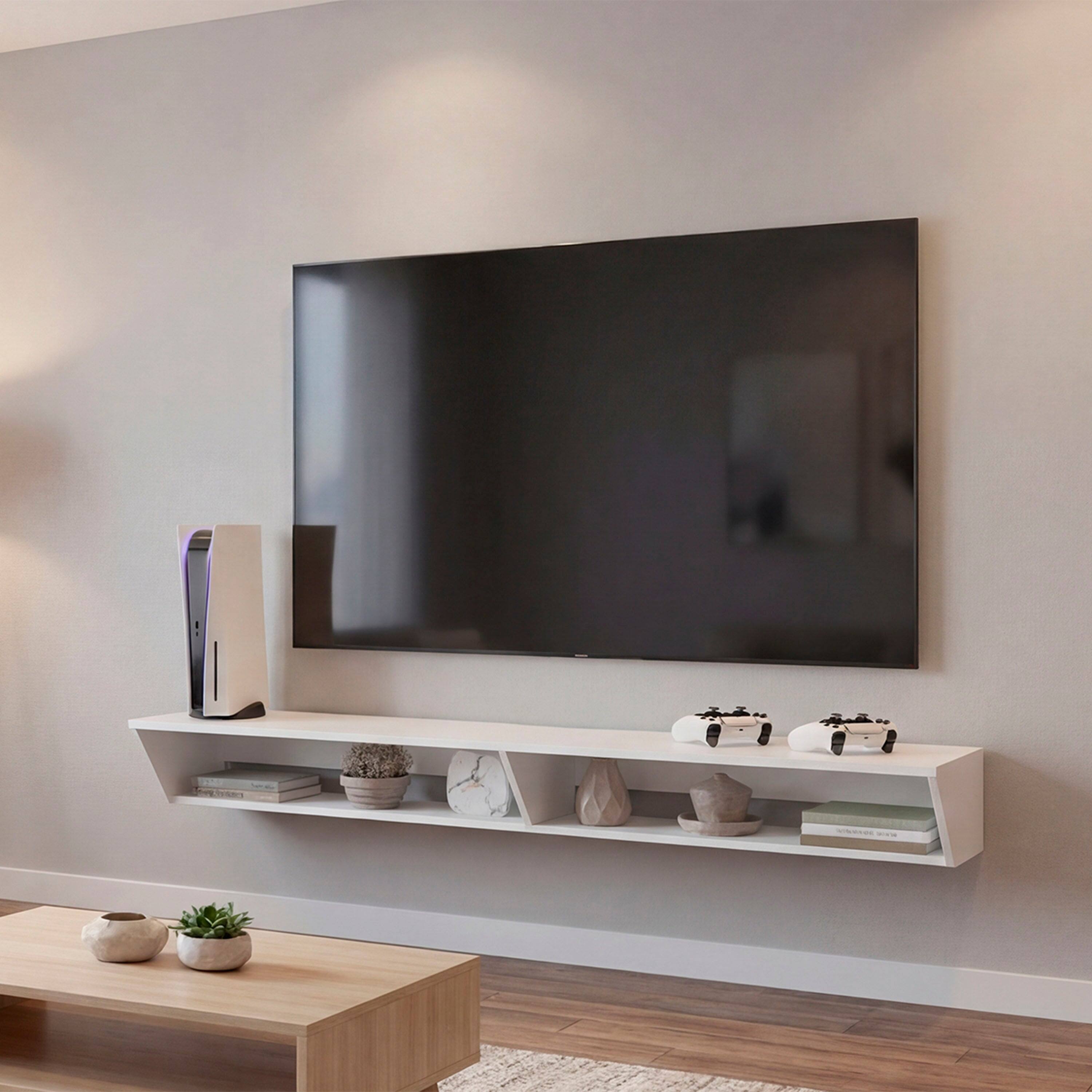 Angle. TuHome - Modern Floating TV Stand for 50-65 Inch TVs, Gaming Consoles, with Open Display Shelves, Wall Entertainment Center - White.